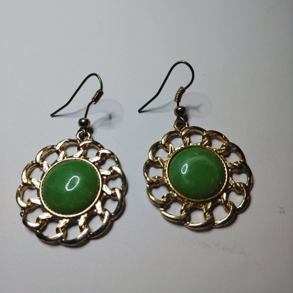 Genuine Green Aventurine Dangle Earrings Prosperity Stone in Gold Tone Frame